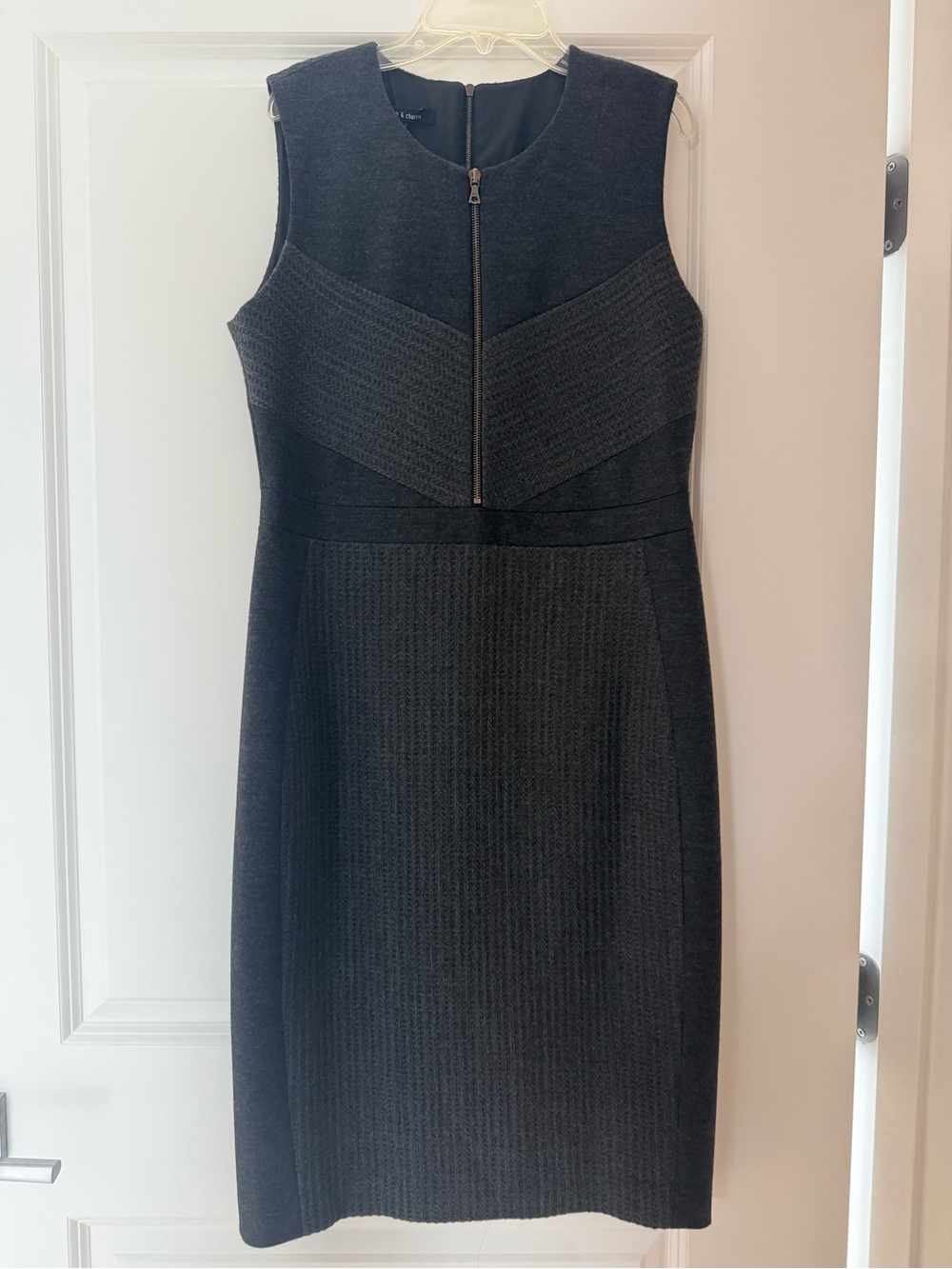 Sleeveless Dark Grey Midi Sheath Dress with Front Zip